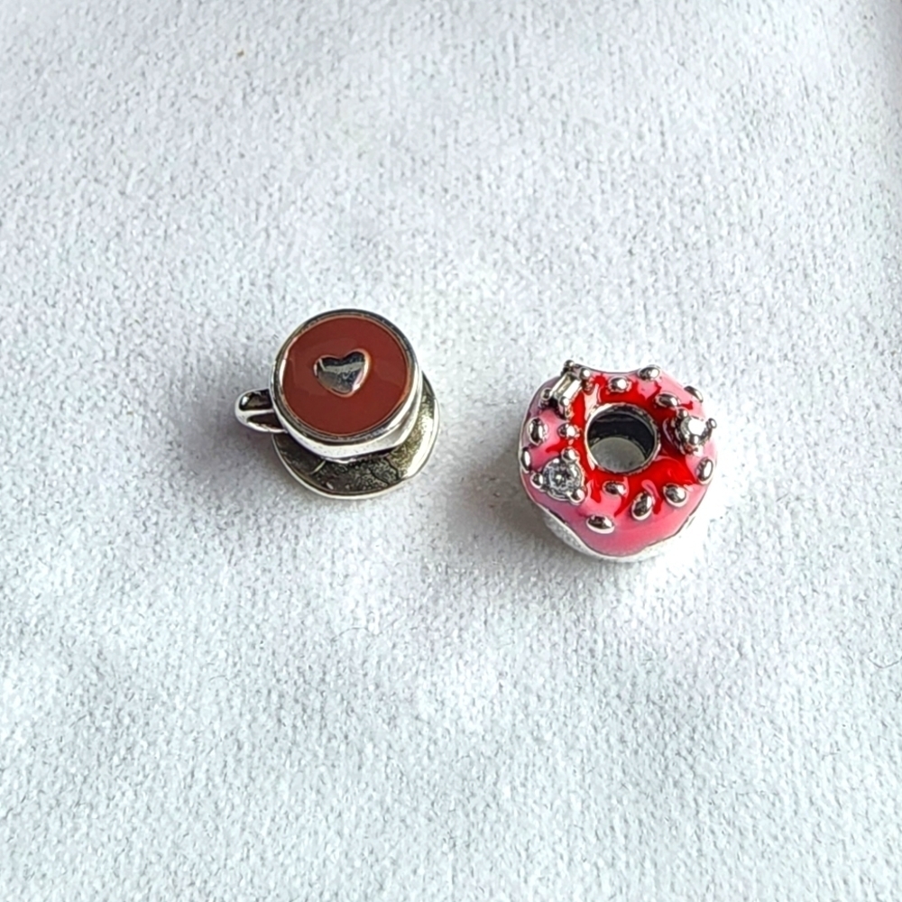 New DONUT & CUP OF COFFEE silver charm set for Pandora / jewelry bracelet